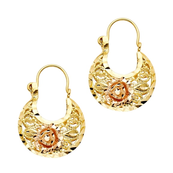 14k Two-Color Gold Ornate Rose Basket Vintage Filigree Swirl Hanging Earrings Jewelry Female Unisex