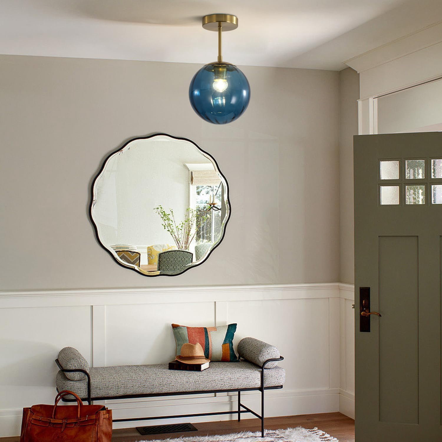 KCO Lighting Minimalist Blue Glass Semi Flush Mount Ceiling Light, Brushed Gold Globe Ceiling Lamp