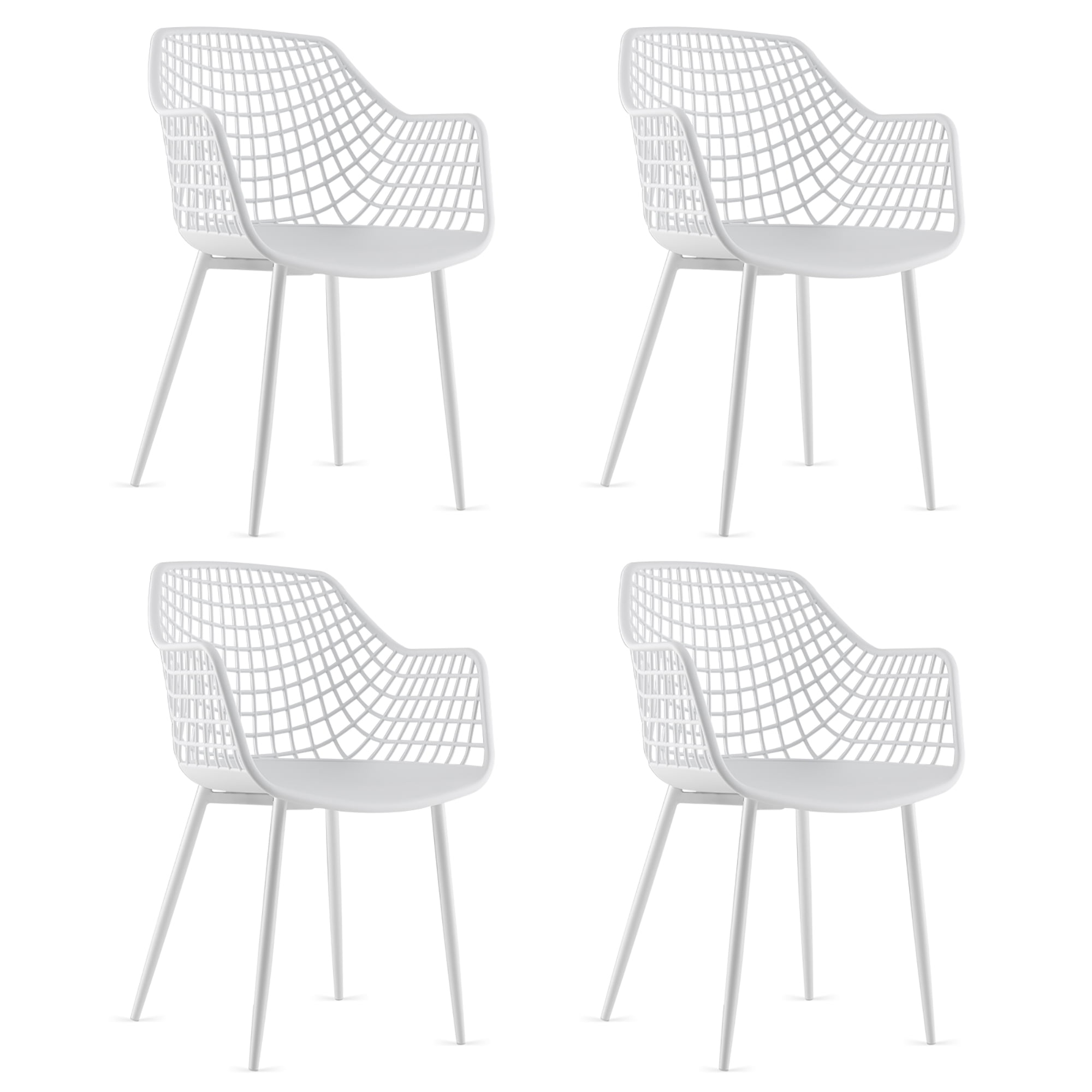 Set of 4 White Metal Mesh Arm Chairs