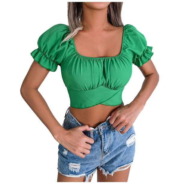 Moda mujer Casual sólido manga corta blusa verano pulóver camiseta vendaje Tops Pompotops hfajkhk140033