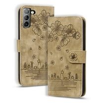 Dteck Galaxy S22 Phone Case, Premium PU Leather Embossed Pattern Anti-Scratch Kickstand Wrist Strap Card Slots Magnetic Flip Cover Case for Samsung Galaxy S22 5G 6.1" Phone, Brown