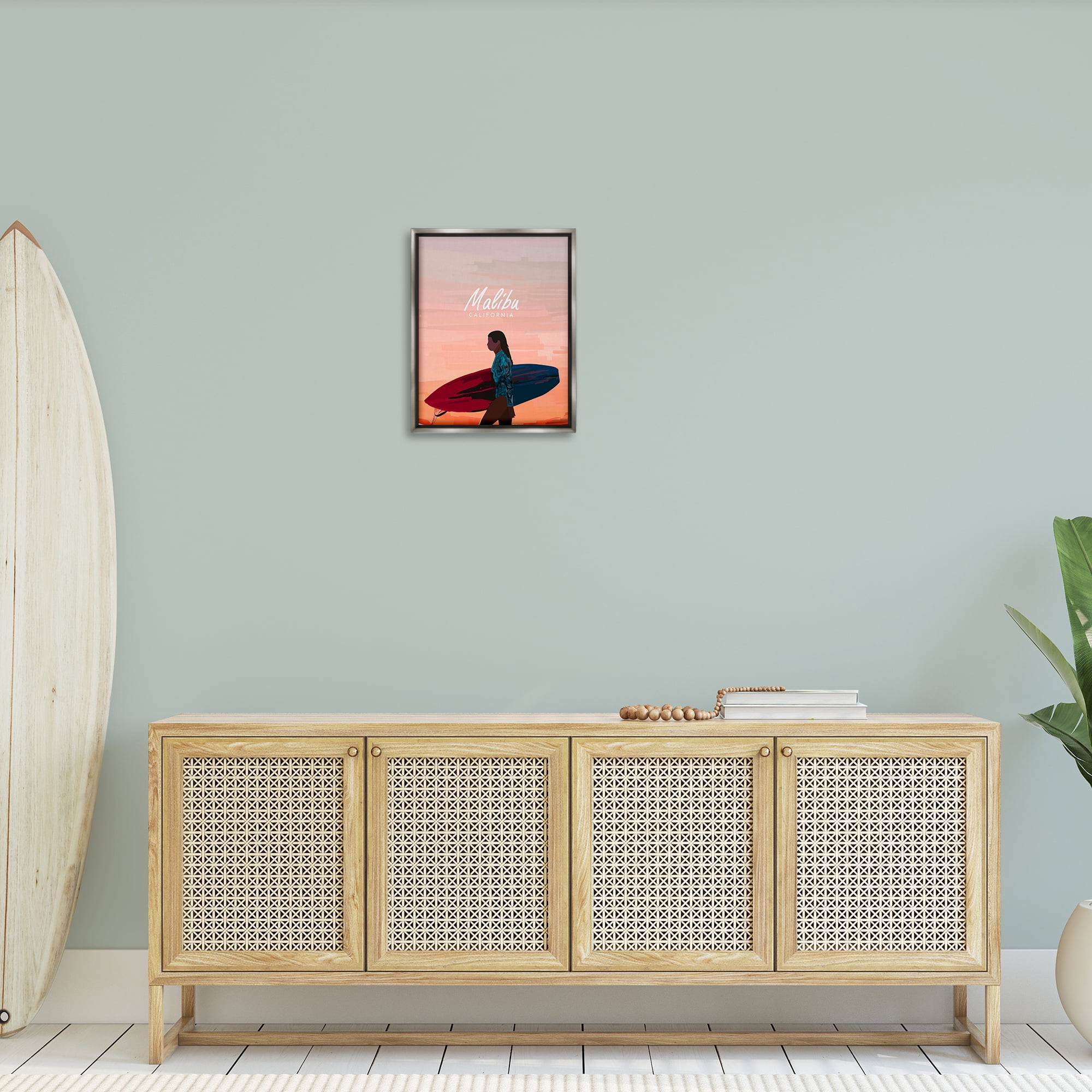 Stupell Industries Malibu Surfer Girl Sports Painting Gray Floater Framed Canvas Art Print Wall Art, 17 x 21