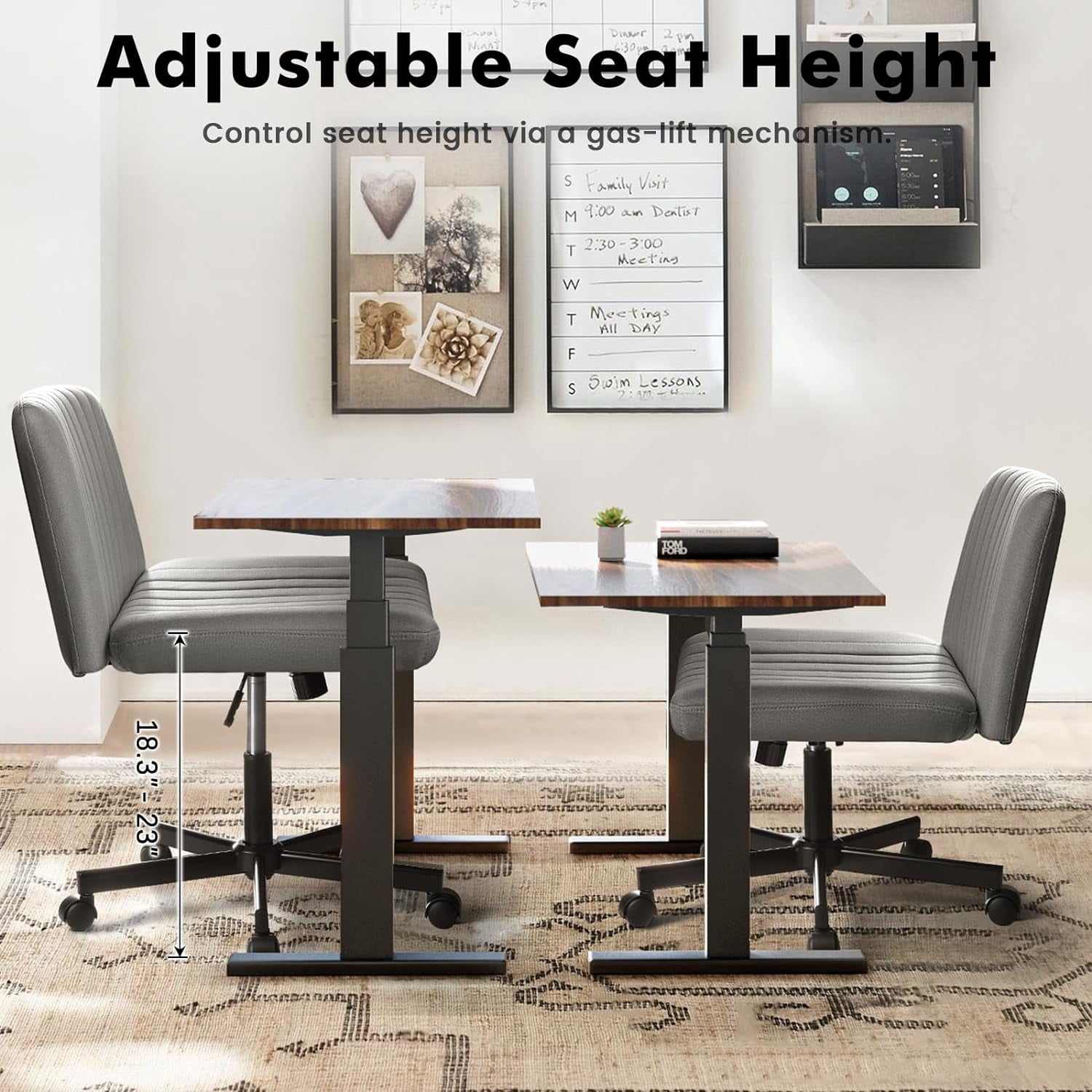 Waleaf Indoor Armless Office Desk Chair with Wheels, Gray
