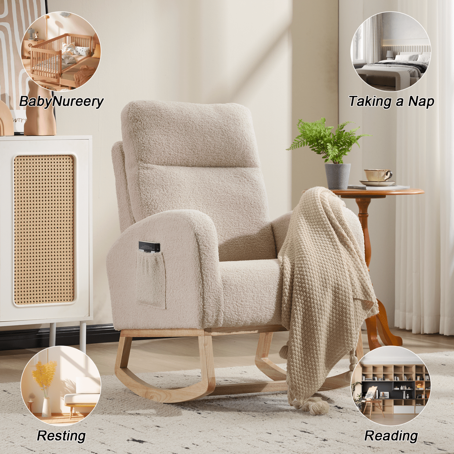 Lisonu Beige Upholstered Rocking Glider Chair with Solid Wood Legs, High Backrest & Side Pocket — Modern Accent Lounge Armchair for Living Room & Nursery (Teddy Fabric)