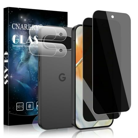 [2 2] 2 Packs for Google Pixel 9 Privacy Tempered Glass Screen Protector with 2 Pack Camera Lens Protector, Support Fingerprint Unclock, 9H Hardness