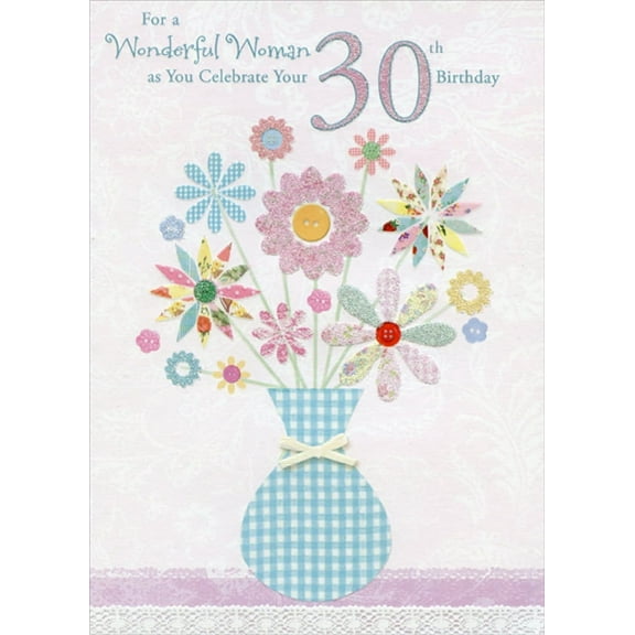 Designer Greetings Blue Checkered Vase with Sparkling Flowers Age 30 / 30th Birthday Card for Her