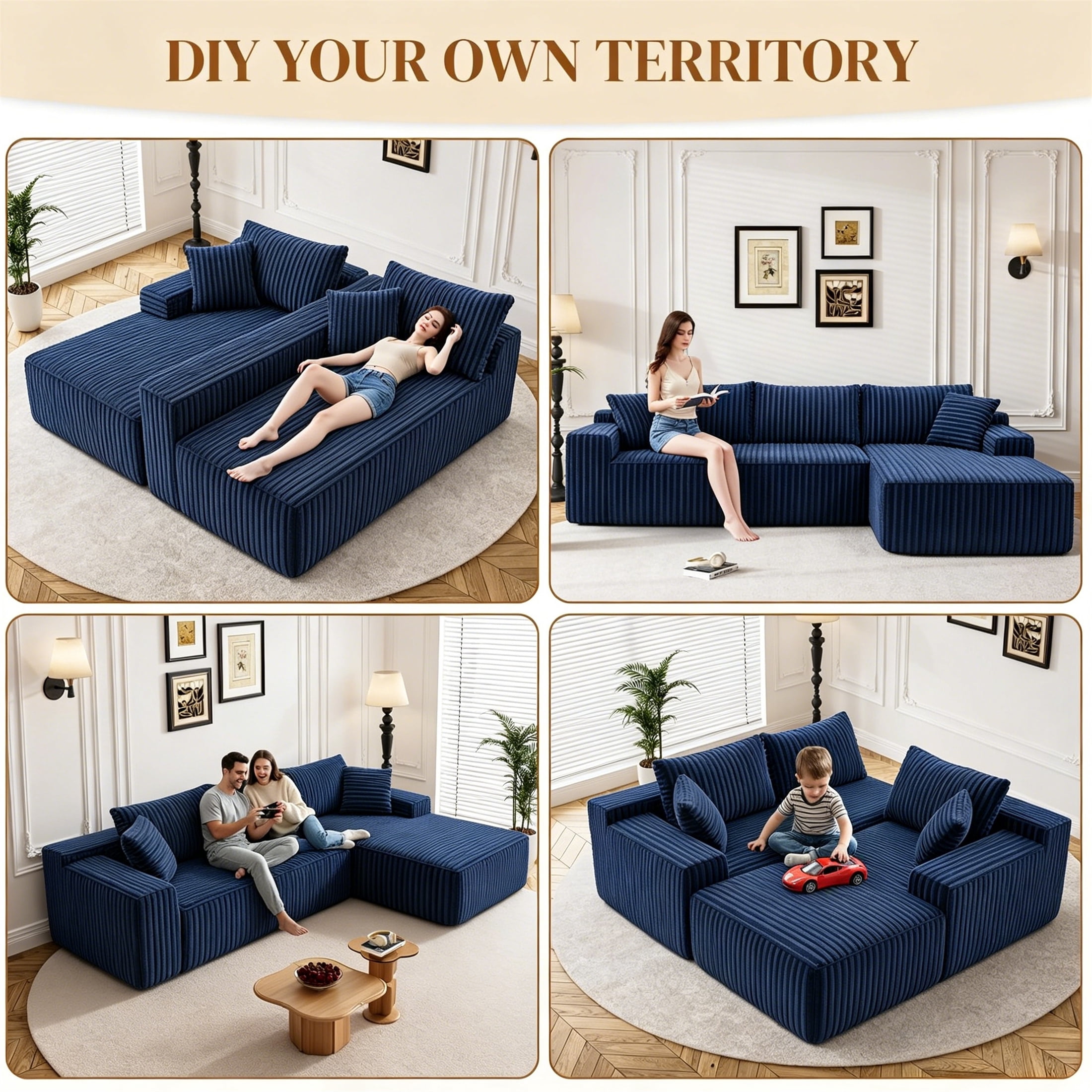 Aukfa 96" Cloud Sectional Sofa Deep Seat Boneless Couch Modular L-Shaped Couch, Right Chaise Corduroy Sofa for Living Room, Blue