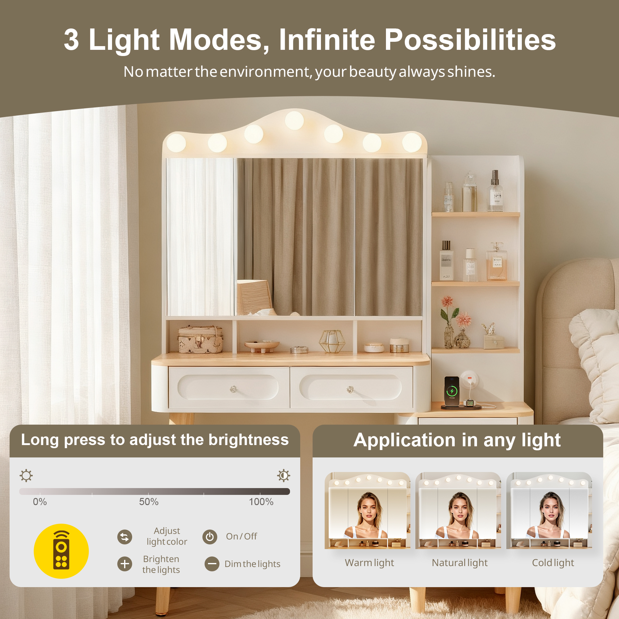 Alvantor Vanity Desk with Foldable Mirror and LED Lights, USB Power Strip for Adults