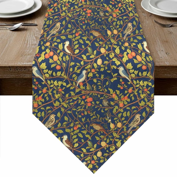 Botanical Birds Table Runner Linen Burlap Table Runner 90 Inches Long Art Abstract Leaves Blue Dresser Scarves for Kitchen Island Coffee Dining Room Party Wedding Banquet Holiday Decoration 13"x90"