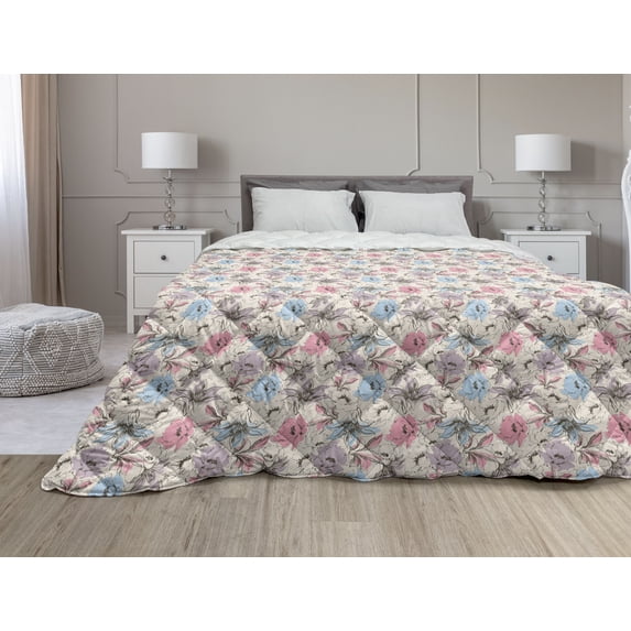 Floral Down Alternative Comforter, Monochrome Floral Arrangement Roses Leaves Branches Retro Environment Elements, Microfiber Quilt for All Season, 5 Sizes, Ruby Beige White, by Ambesonne