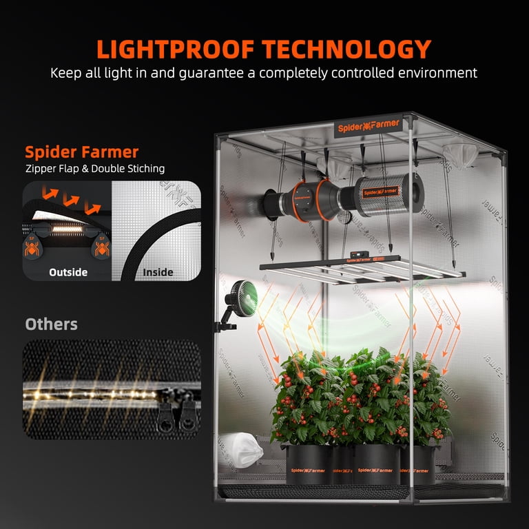 Spider Farmer 4x4x6.5 120cm x 120cm x 200cm Indoor Grow Tent 1680D Hydroponic Plant Room for Optimal Plant Growth & Climate Control