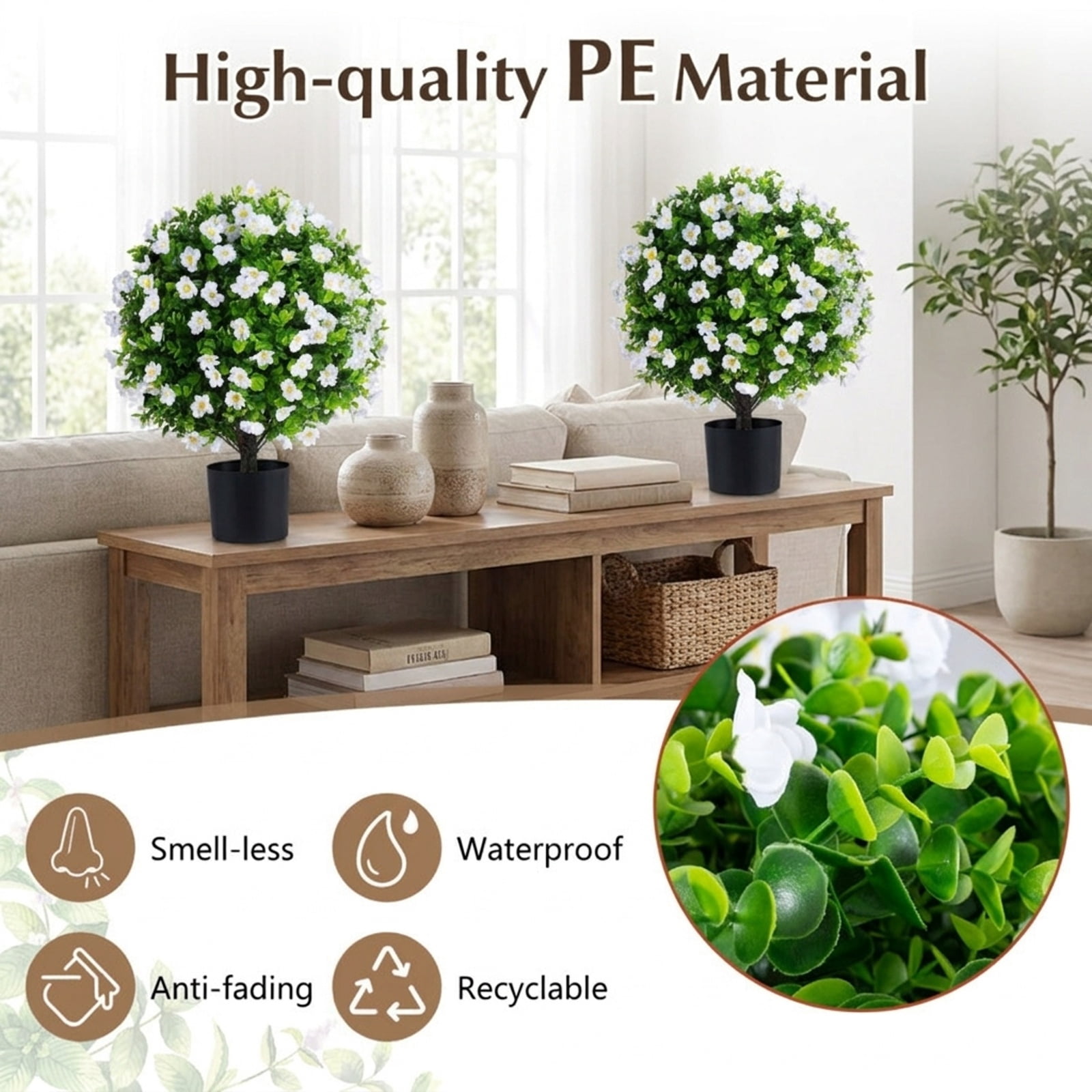 Vebreda Artificial Plant Decor, 2 Pack Artificial Eucalyptus Topiary Trees with Flowers and Cement Planter for Home, Lifelike Eucalyptus Bush