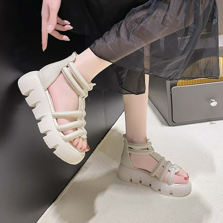 

Homadles Gladiator Strappy Flat Sandals for Women- Roman Fish Mouth Thick Sole Casual Zipper Wide Width Clearance Flats Shoes Beige Size 5.5
