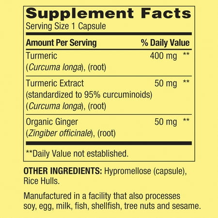 Spring Valley Turmeric Curcumin with Ginger Powder General Wellness Dietary Supplement Vegetarian Capsules, 500 mg, 250 Count