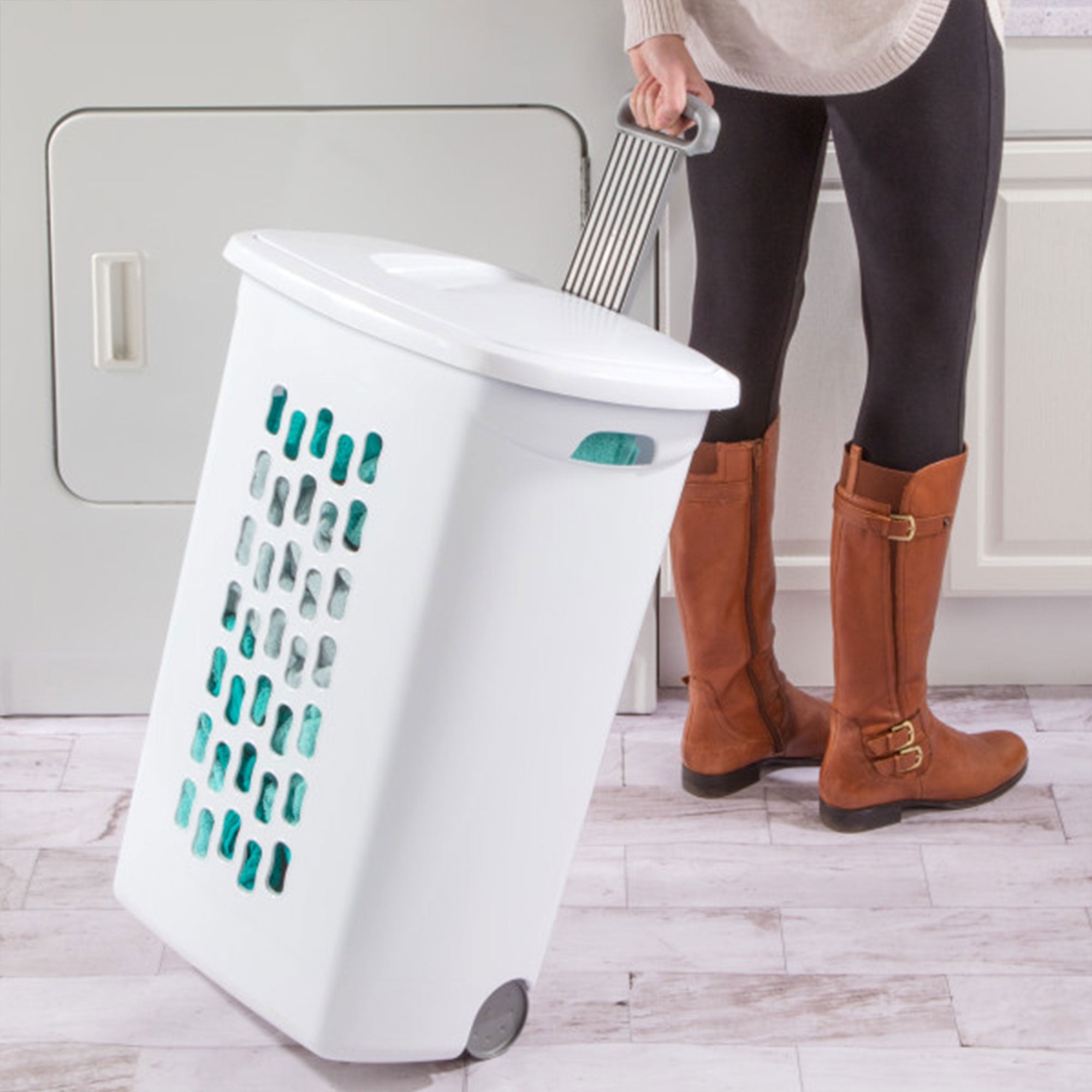 Sterilite White Laundry Hamper w/ Lift-Top, Wheels, & Pull Handle, 9 Pack