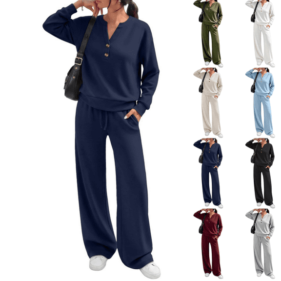 HAJWOH Women's 2 Piece Henley V Neck Sweatshirt & Sweatpants Fall Lounge Set Sweatsuits