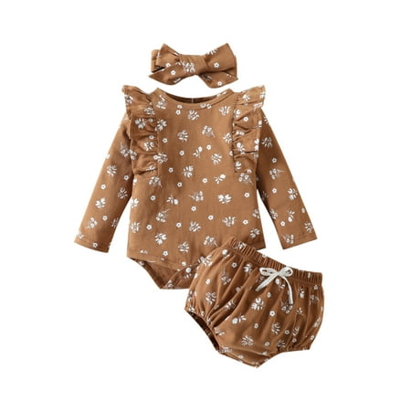 

Genuiskids Baby Girls 3Pcs Fall Spring Outfits Infant Newborn Long Sleeve Floral Print Romper Shorts Headband Set 0-24 Months