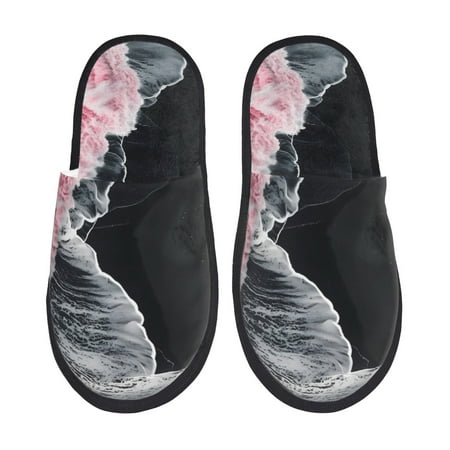 

Qekee Pink White Ocean Waves Print Furry Slippers for Women and Men House Slipper Funny Bedroom Slippers Indoor -Large