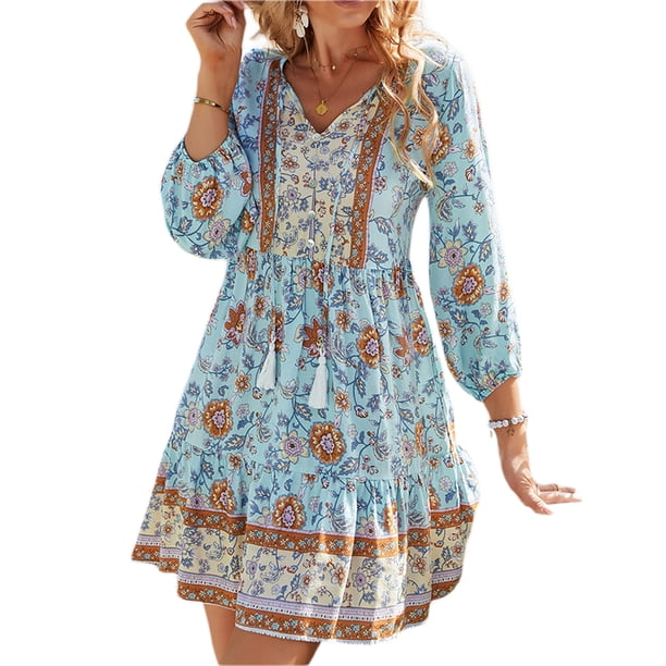 Txlixc Vestido de mujer, 3 / 4 - Manga V - neck, con flecos y flecos, vestido de estilo bohemio impreso Txlixc moda