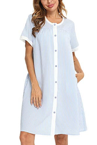 YOZLY House Dress Womens Short Sleeve Housecoat Duster Robe Button Down Nightgown S-XXL 