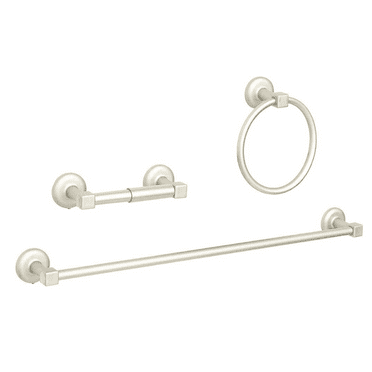 3 Piece Bath Hardware Set in brushed nickel. Wall mounted. 24 inch towel bar, hand towel, toilet paper holder