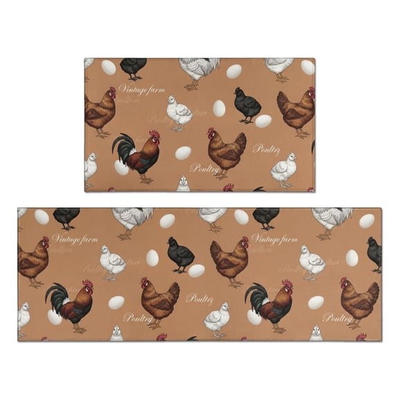 Rooster and Text Brown Pattern Anti Fatigue Kitchen Rugs Set Of 2, Non Slip Washable Decorative Floor Mats for Kitchen Sink Laundry, 17"x30" and 17"x47"