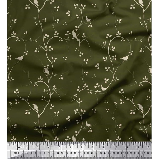 Soimoi polyester Crepe Fabric Branches,Leaves & Bird Printed Fabric 1 Yard 42 Inch Wide