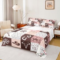 Homewish Vintage Western Cowboys Queen Sheet Sets,Rustic Bull Skull Flat Sheet,Country Farmhouse Lodge Queen Fitted Sheet For Boys Kids,Luxury Bedroom Decor,4pcs