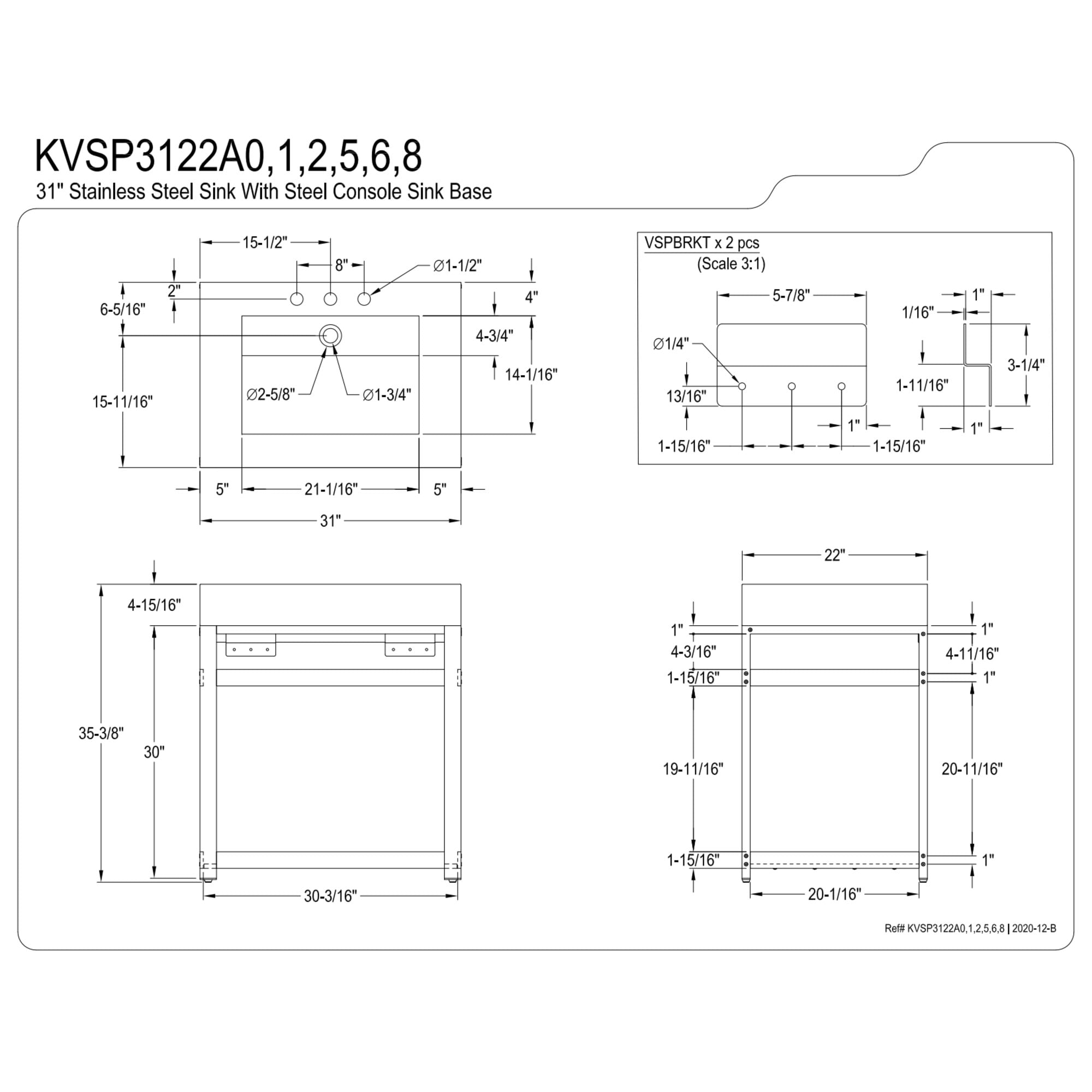 Kingston Brass KVSP3122A6 Kingston Commercial 31" Stainless Steel Console Sink with Steel Base (8-Inch, 3-Hole), Brushed/Polished Nickel
