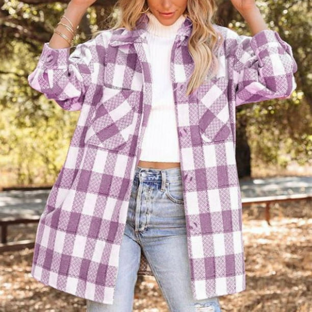 Pntutb Chaqueta de solapa suelta de manga larga informal a cuadros para mujer con liquidación de bolsillo Pntutb Pntutb-4402