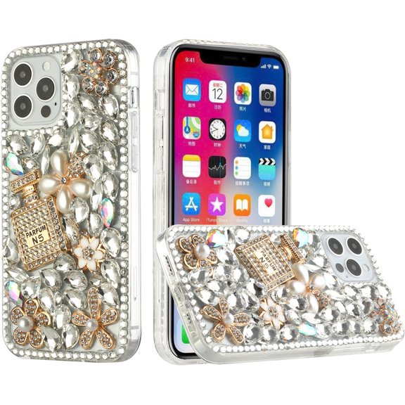For iPhone 12 & iPhone 12 Pro (Open Camera Hole) Full Diamond with Ornaments Hard TPU Case Cover - Pearl Flowers with Perfume