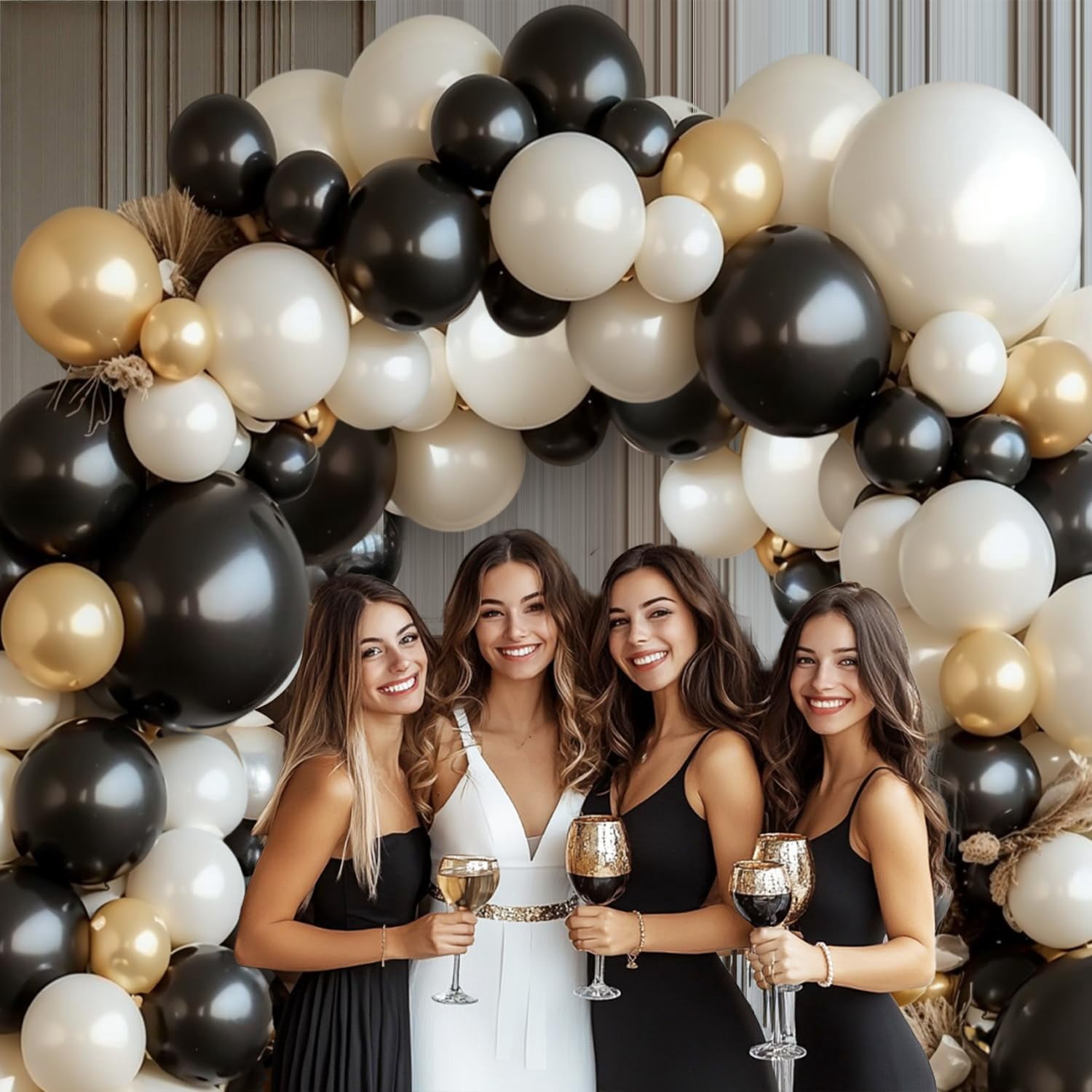 Black White Gold Balloon Arch Kit,Double Stuffed Pearl Sand White Balloon Garland Different Sizes 18/12/5 Inch Chrome Cream Balloons for Graduation Wedding Birthday Bachelorette Party Decorations
