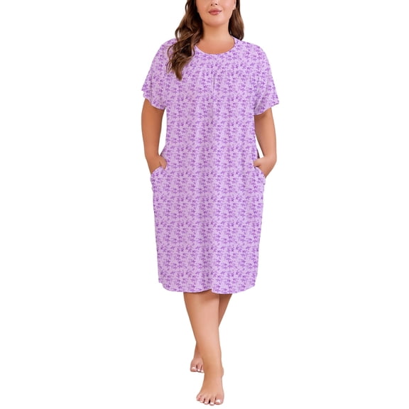 PinkBeautiM Nightgowns for Women Plus Size Floral Print Short Sleeve Pleated Sleepwear