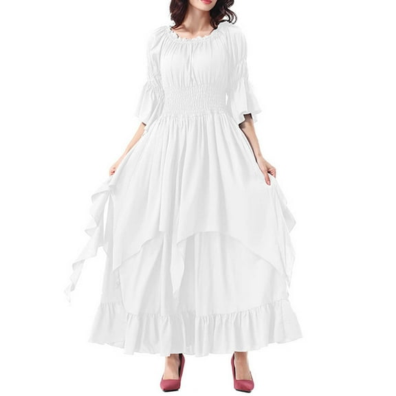 FYEGRE Elegant Gothic Lace Style Long Gown For Women Fancy Dress Party Halloween Formal Wear White L