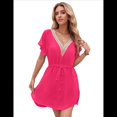 thumbnail image 1 of Robe de Plage Ample à Manches Courtes pour Femmes, Col en V Profond, Rose Rouge TG, 1 of 8