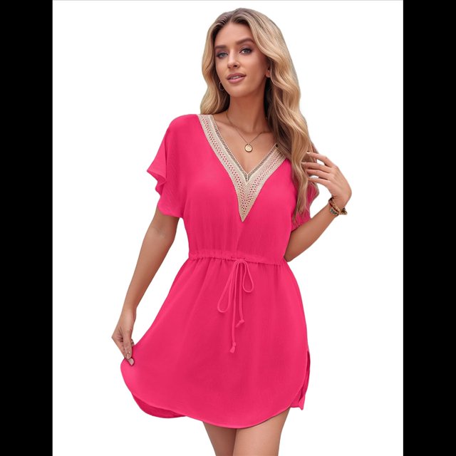 Robe de Plage Ample à Manches Courtes pour Femmes, Col en V Profond, Rose Rouge TG