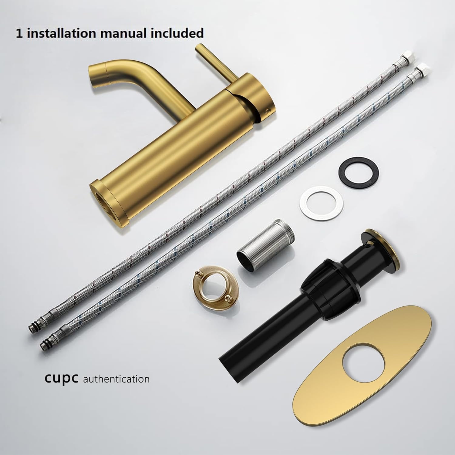 Brushed Gold Bathroom Faucet Modern Single Handle Bathroom Sink Faucet Single Hole Lavatory Vanity Faucet with Pop-up Drain and Water Supply Lines