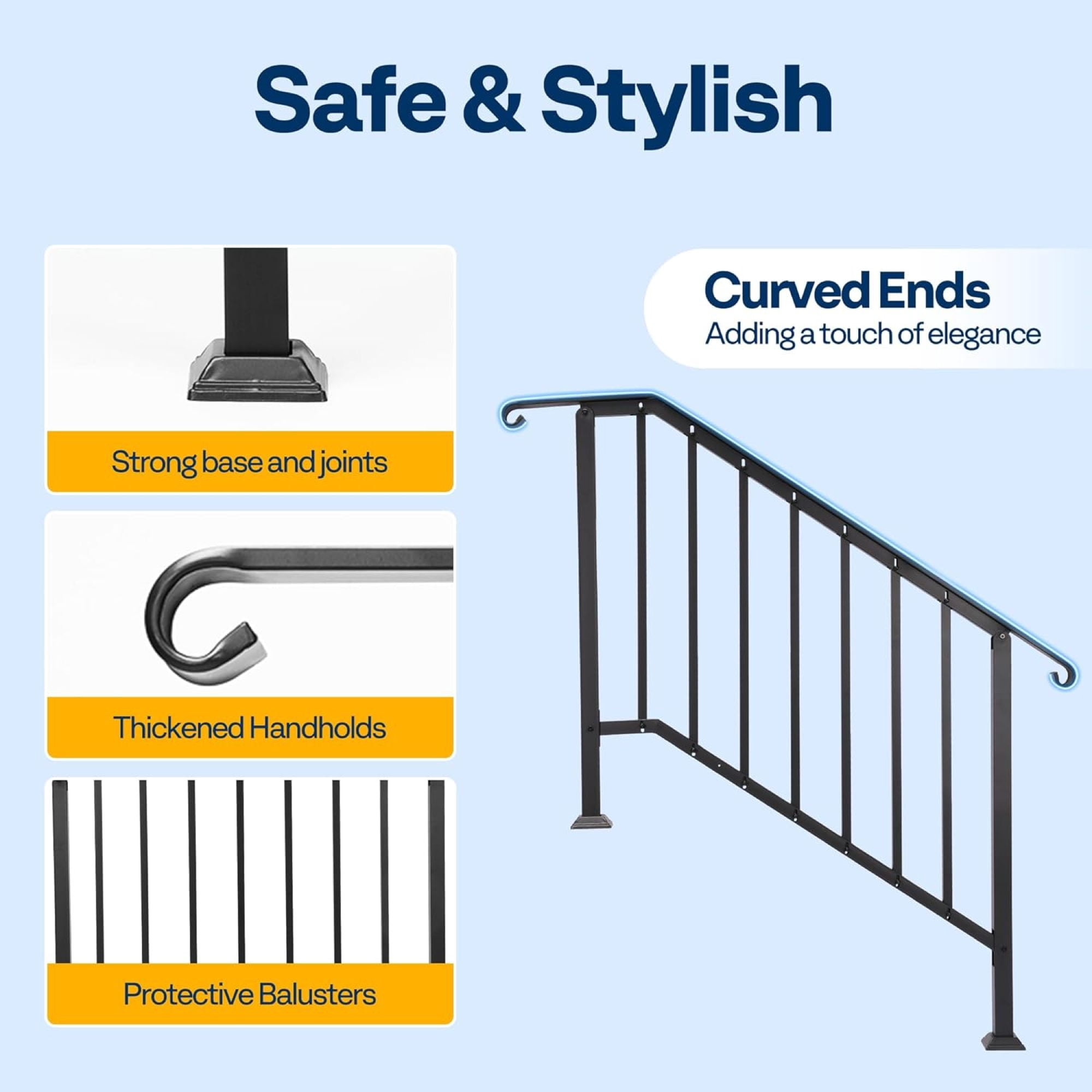 Leumius Hand Rails for Outdoor Steps,4 Step Galvanized Steel Railing Kit with Curved Ends and Safety Balusters Exterior Railing for Porch, Deck