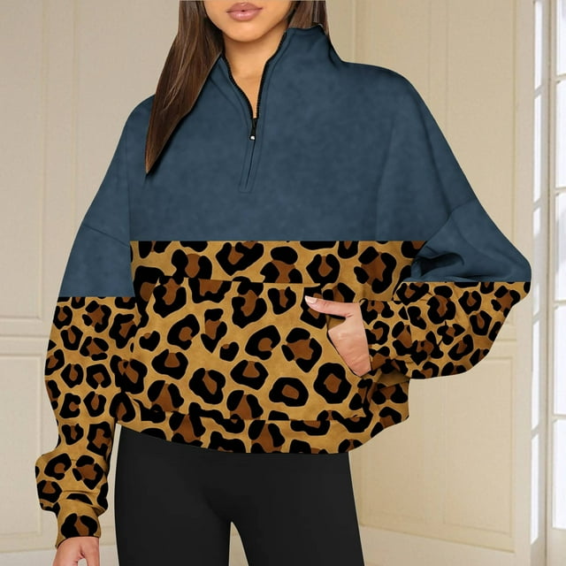2023 Chandail en Molleton de Mode pour Femmes 50 % de Rabais Liquidation Mode Automne Hiver Imprimé Léopard Décontracté Sports Col Rond Survêtements Manches Longues Col à Revers Chandails à Capuchon à Fermeture Éclair