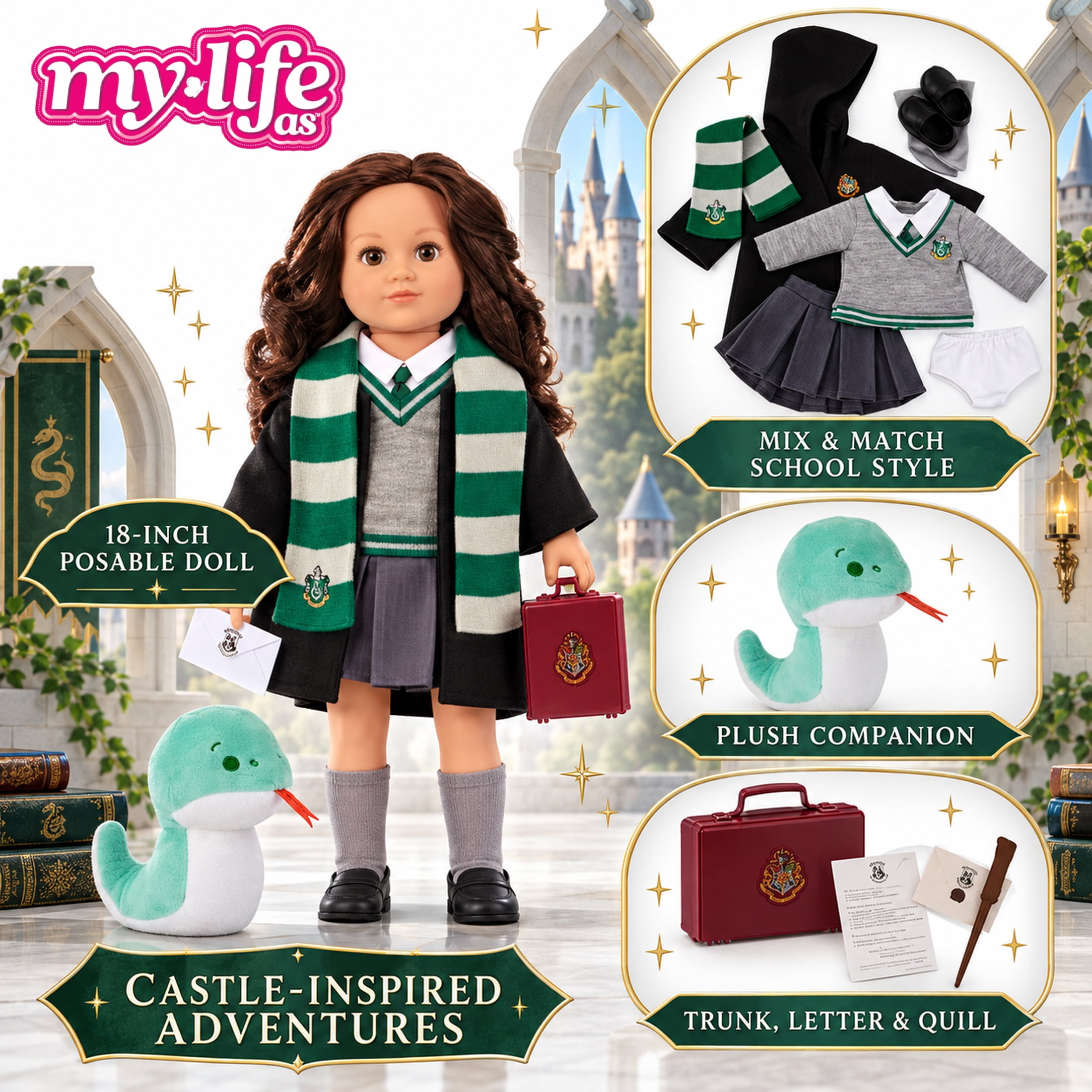 My Life As Harry Potter Slytherin 18-inch Posable Doll with Brunette Hair, Brown Eyes, Hogwarts-Inspired Outfit & Accessories