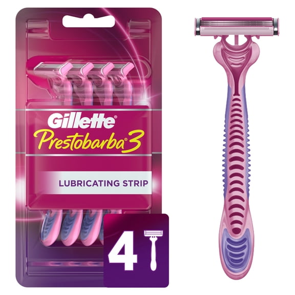 Gillette Prestobarba 3 Women's 3 Blade Disposable Razor, 4 count, Pink