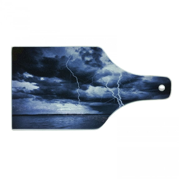 Nature Cutting Board, Majestic Sky View with Huge Rain Clouds All over the Sea and Vibrant Storm Rays Print, Decorative Tempered Glass Cutting and Serving Board, Wine Bottle Shape, Blue, by Ambesonne