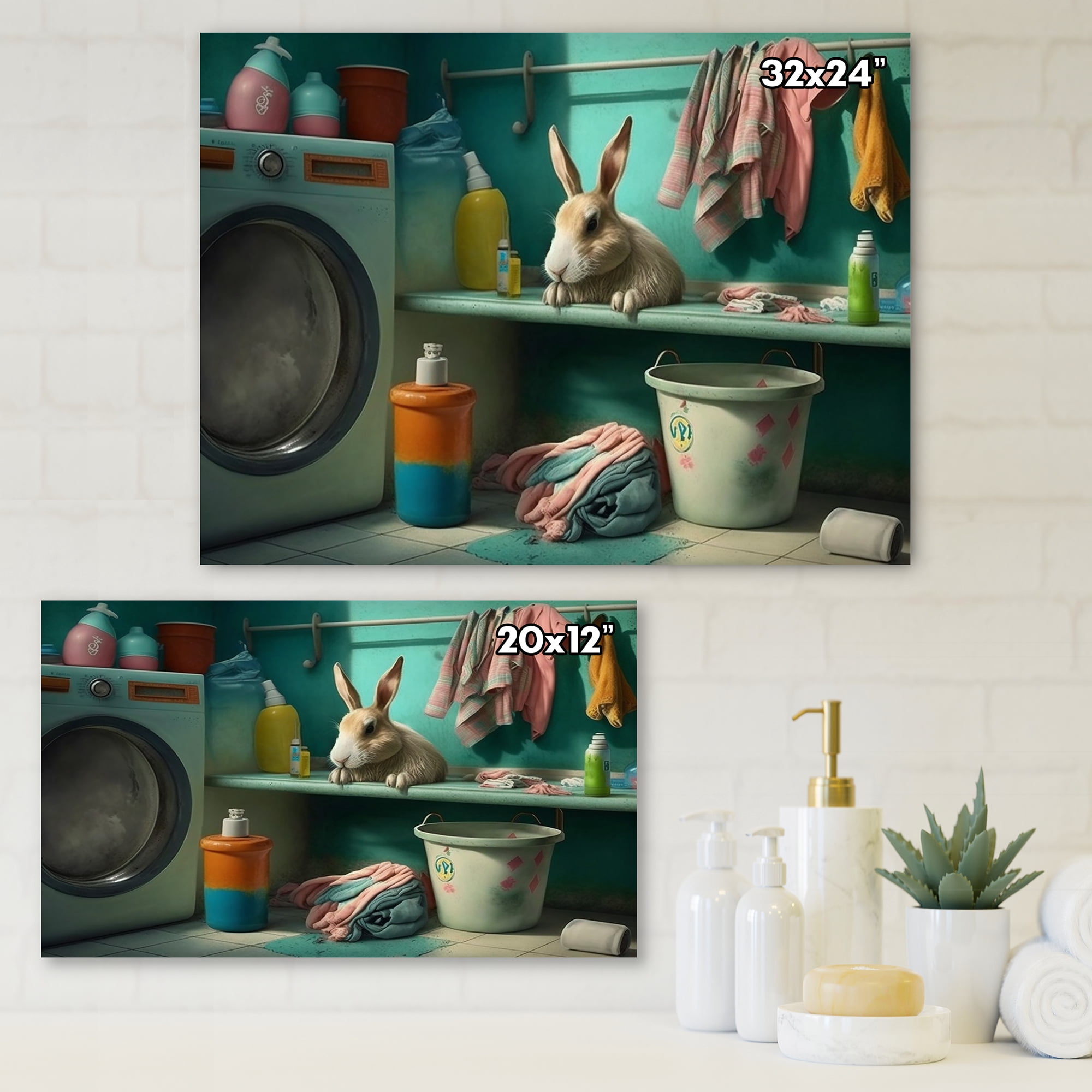 Designart Funny Rabbit Doing Laundry III Canvas Wall Art