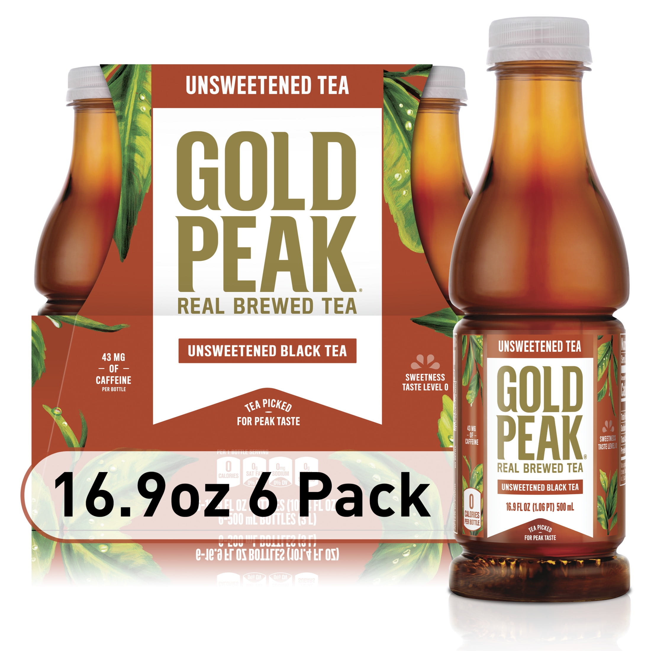 Gold Peak Iced Tea, Unsweetened Tea Bottles, 16.9 fl oz, 6 Pack