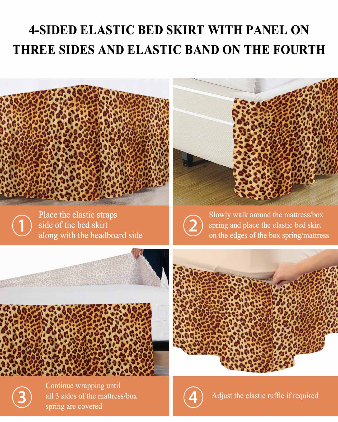 Wild Leopard Bed Skirt Animal Skin Pattern Vintage Leopard Bed Skirts Queen Size 16 Inch Drop, Wrap Around Dust Ruffle&nbsp;Bedskirt with Adjustable Elastic Belt for Queen Size Beds