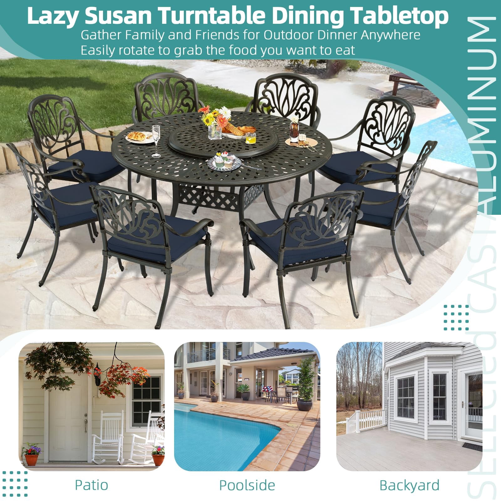 MEETWARM 9-Piece Outdoor Furniture Dining Set, All Weather Cast Aluminum Patio Garden Set- 8 Cushioned Chairs, 61" Round Patio Dining Table with Detachable Lazy Susan, 2" Umbrella Hole, Navy Blue