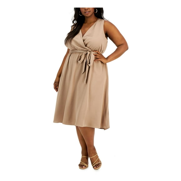 TAYLOR Womens Brown Belted Pullover Elastic Waist Sleeveless V Neck Below The Knee Party Faux Wrap Dress Plus 20W