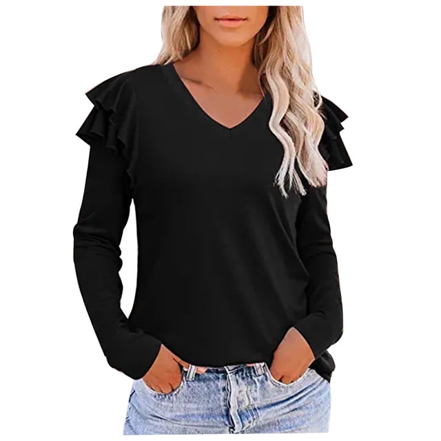 EQWLJWE Chemisiers à Manches Longues pour Femmes Mode Femmes Décontracté Couleur Unie Ample Chandail à Volants Manches Longues Hauts à Col en V