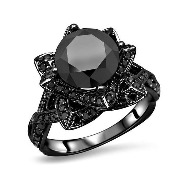 Dreamofdazzles Jewels 2.00Ct Round Cut Black Diamond Engagement Wedding Flower Band Ring 14K Black Gold Plated 925 Sterling Silver For Women's -5.5
