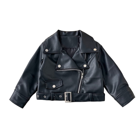 GiLiling Girls PU Leather Moto Jacket Soft Faux Leather Cropped with Notched Collar Coat Biker Jacket for Toddler to Kids (Black, 4-5 Years)
